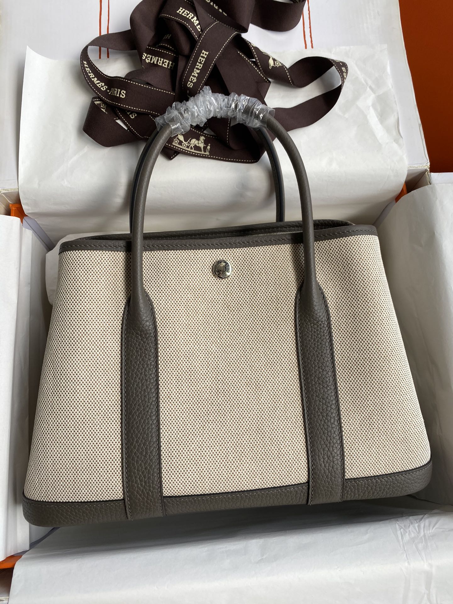 Hermes Garden Party 30cm Canvas Tote Handbag In Etain Clemence Leather